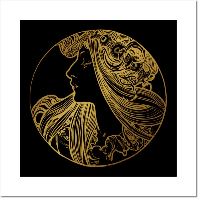 Art nouveau gold silhouette lady 2 Wall Art by Allbestshirts